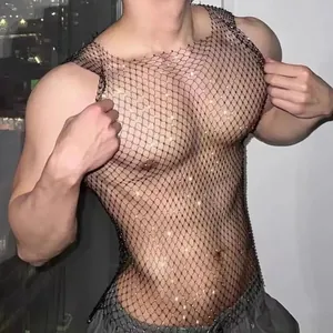 Detailed close-up shot of men's sparkling rhinestone fishnet mesh top designed for clubwear