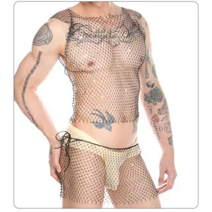 Detailed view of men's sparkling rhinestone fishnet mesh tank top and wrap set