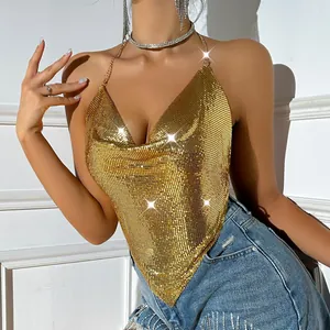 Sexy top a cavezza in maglia metallica dorata senza schienale con spalline a catena