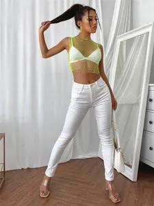 Sexy neon yellow rhinestone fishnet mesh top for nightclub and festive party wear.
