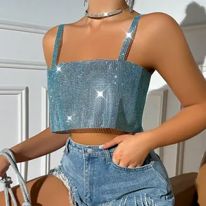 Detail view of a sexy light blue rhinestone mesh camisole top with a glittering party style