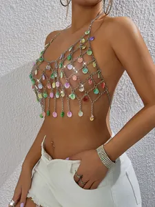 Detailed view of a colorful gemstone chain mesh backless vest with fringe accents