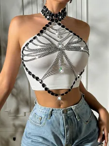Chaîne de corps sexy argentée multicouche avec pierres acryliques noires et cristaux.