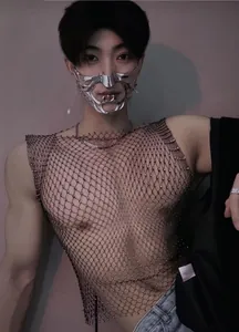 Close-up detail of men's sexy black rhinestone mesh top for nightclub performance