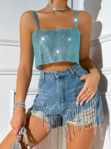 Sexy light blue rhinestone mesh camisole crop top detail with sparkling crystals