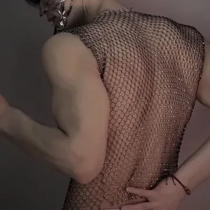 Detail view of men's black fishnet tank top with sparkling rhinestones for performance