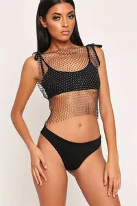 Close-up of black mesh tank top with shimmering rhinestones for stylish party wear