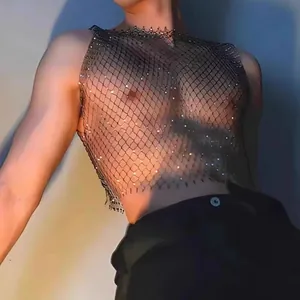 Sexy men's rhinestone mesh vest for nightclub performance, sheer black fishnet crop top.