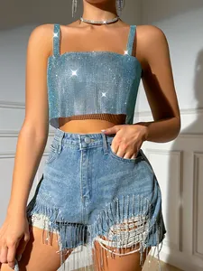 Detailed view of a sexy light blue fishnet rhinestone mesh camisole vest with sparkles
