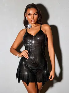 Elegant black sequin mesh camisole mini dress featuring a shimmering surface texture