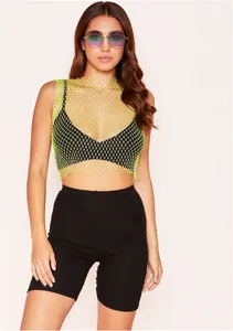 Detailed view of neon lime green fishnet rhinestone tank top for party nightwear