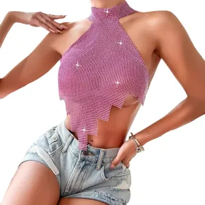 Κομψό ροζ εξώπλατο crop top με στρας, ψηλό λαιμό και σχέδιο με ανοιχτή πλάτη για γυναίκες