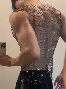Sexy sparkling men's black fishnet vest top perfect for clubwear and stage performance