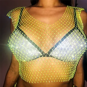 Detailed view of sexy neon green mesh rhinestone tank top for nightclub party wear
