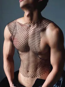 Sexy men's sparkling fishnet crop top with rhinestones for nightclub performance wear