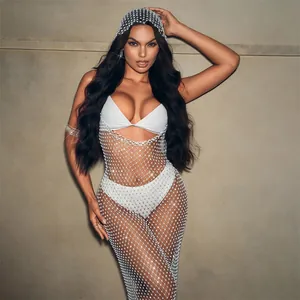 High-quality sexy sparkling rhinestone mesh bikini cover-up dress for beach vacation party