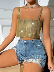 Sexy gold rhinestone fishnet crop top camisole with sparkling mesh detail for women