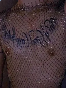 Men's sexy black rhinestone fishnet vest, transparent mesh see-through clubwear top