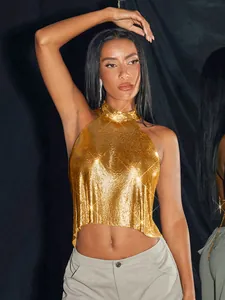 Women's Metal Sequin Halter Top Sexy Backless Crop Top Gold Silver Aluminum Mesh Sparkly Party Tank Top Nightclub Vest