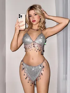 Sparkling silver rhinestone bikini set with star fringe tassels and body chain detail