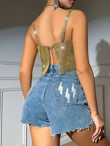 Sexy gold fishnet camisole with sparkling rhinestones, back view detail on model