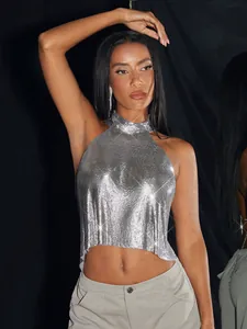 Detail view of sparkly silver metallic sequin halter top perfect for nightclub and party wear