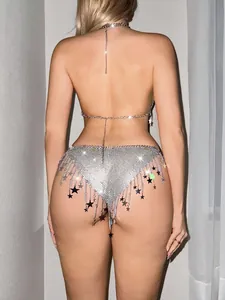 Back view of a sexy silver rhinestone star tassel halter body chain lingerie set