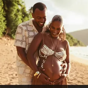 Elegant pearl beaded body chain bra top accessory for beach maternity photography session