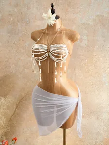 Detailed view of luxurious handmade pearl beaded halter body chain jewelry for women