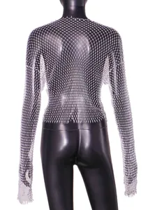 Detailed back view of a high-quality sexy white rhinestone fishnet mesh long-sleeve top.