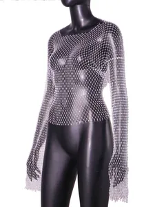 High-quality detailed shot of white rhinestone fishnet top on a black mannequin