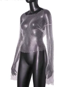 Elegant white rhinestone fishnet long sleeve top for women sexy beach hollow out shirt