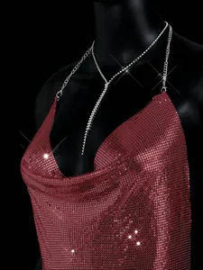 Sexy red metallic sequin mesh top with deep V-neck and halter chain