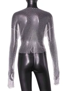 Detailed back view of white rhinestone fishnet long sleeve mesh top on a mannequin