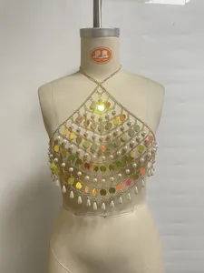Sexy gold halter body chain with round sequins and pearl tassels for nightclub style