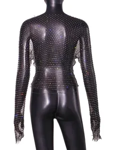 Sexy black fishnet long sleeve top with iridescent rhinestones, back view detail
