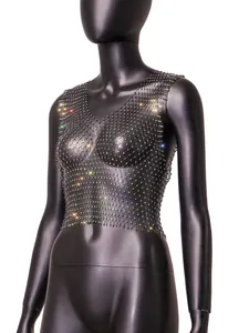 Detailed view of a sexy black fishnet tank top adorned with shimmering colorful rhinestones