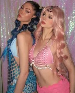 Close-up of sexy pink beaded halter top with pearls for glamorous festival style