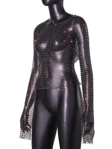 Detail view of black long-sleeve fishnet top with colorful rhinestone embellishments