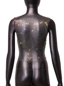 Back view detail of sexy black mesh tank top with sparkling rhinestones for night clubs