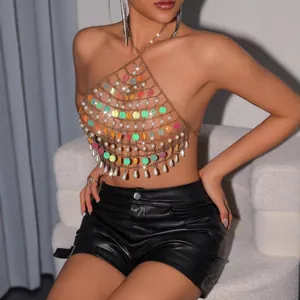 Sexy Hollow Out Bikini Body Chain For Women Alloy Gold Sequins Tassel Artificial Pearl Waterdrop Clubwear Chest Chain Accessory