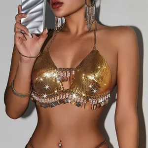 Top allacciato al collo sexy con paillettes metalliche dorate e frange di perle