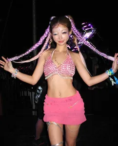 Pink sequin halter top with pearl fringe and mini skirt set for night party and rave events