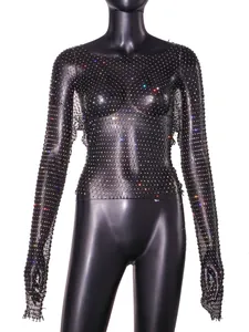Detailed view of black fishnet mesh top featuring colorful sparkling rhinestones
