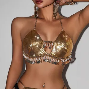 Top sexy in paillettes metalliche dorate con frange e perline per donna chic