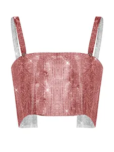 Close-up detail of a sparkling pink rhinestone mesh camisole top with shiny glitter finish