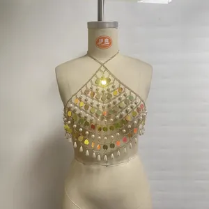 Sexy nightclub halter body chain with iridescent sequins and water-drop pearl beads