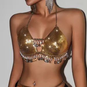 Sexy catena per il corpo in paillettes dorate con frange di perle per feste e festival.
