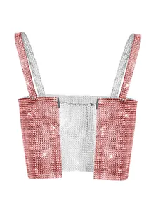 Close-up detail of a sexy pink and silver rhinestone mesh camisole top for women