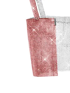 Macro detail of sexy rhinestone fishnet camisole with sparkling pink and silver crystals